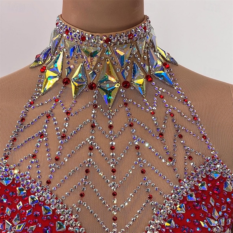 Figure Skating Dress Women's Girls' Ice Skating Dress Red Patchwork Open Back Mesh High Elasticity Training Competition Skating Wear Classic Crystal / Rhinestone Long Sleeve Ice Skating Figure Skating2