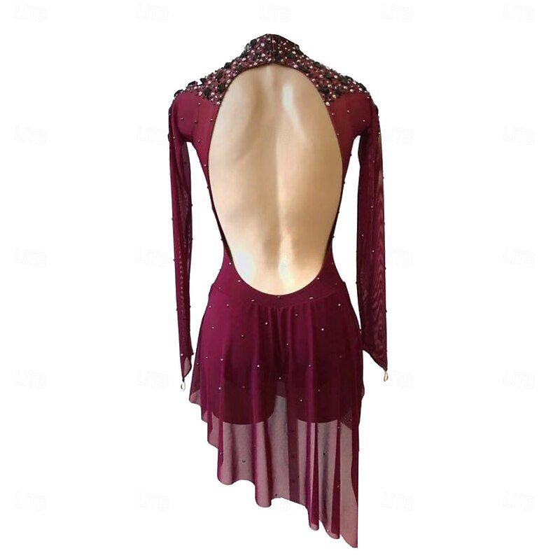 Figure Skating Dress Women's Girls' Ice Skating Dress Fuchsia Thumbhole Halo Dyeing High Elasticity Professional Competition Skating Wear Thermal Warm Crystal / Rhinestone Long Sleeve Ice Skating3