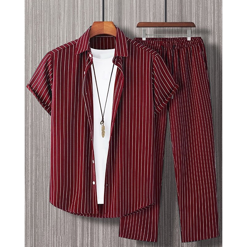 Men's Shirt Set T-shirt Suits 2 Pieces Outfits Tee & Shorts Short Sleeve Shirt Collar Summer Stripes Fashion Casual 2 Piece Vacation Daily Wear Going out Black Red Brown Top Tee for Men2