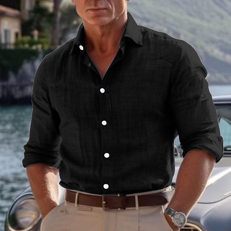Men's Cotton Shirt Black White khaki Dark Gray Light Blue Long Sleeve Plain Lapel Vacation Clothing Apparel Fashion Casual Comfortable3