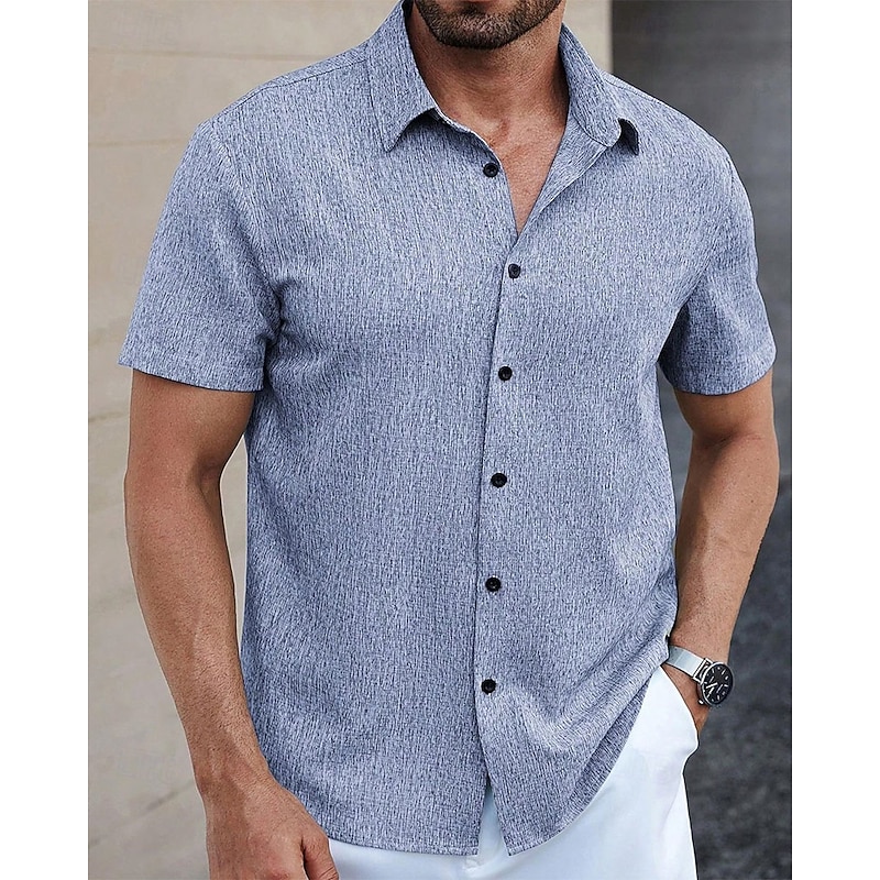Men's Shirt Summer Shirt Casual Shirt Beach Shirt Button Up Shirt Blue Green Deep Blue khaki Beige Short Sleeve Plain Lapel Vacation Hawaiian Clothing Apparel Polyester Fashion Casual Comfortable