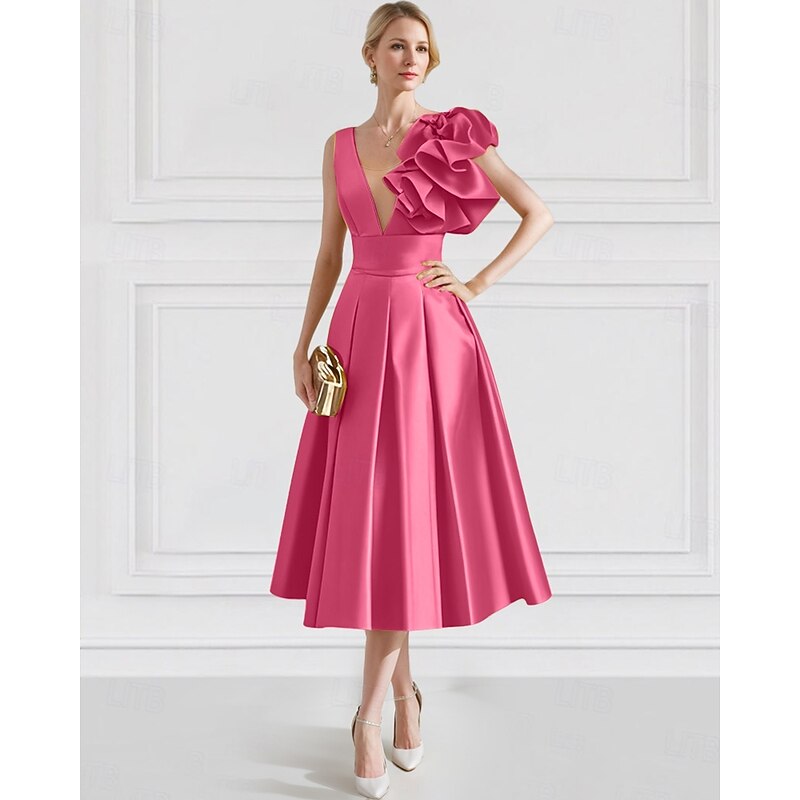 A-Line Cocktail Gown Elegant Dress Formal Wedding Guest Ankle Length Sleeveless V Neck Satin with Pocket Shouder Flower4