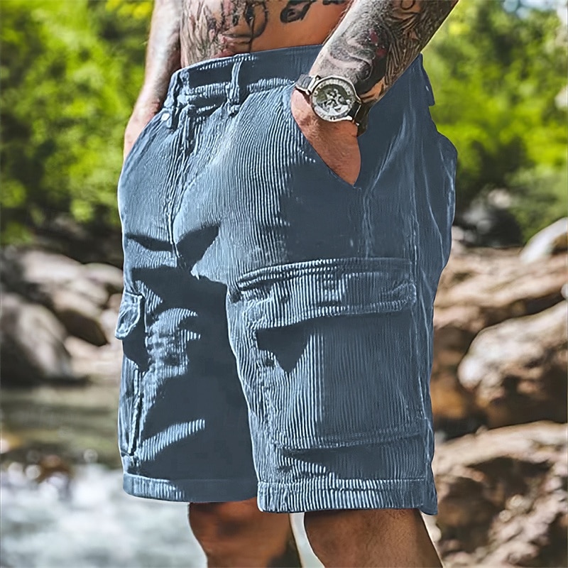 Men's Cargo Shorts Casual Shorts Hiking Shorts Corduroy Shorts Elastic Waist Multi Pocket Straight Leg Plain Comfort Soft Knee Length Outdoor Casual Daily Fashion Streetwear Black Blue Micro-elastic