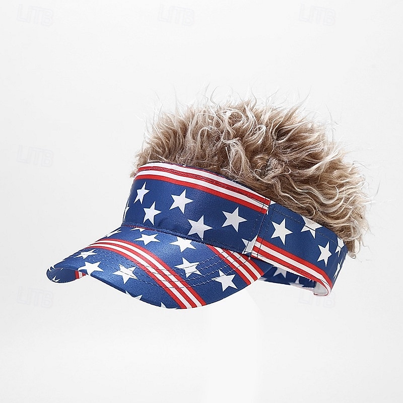 American Flag Mens Visor Cap Wig Adjustable Baseball Cap Golf Hats with Fake Hair4
