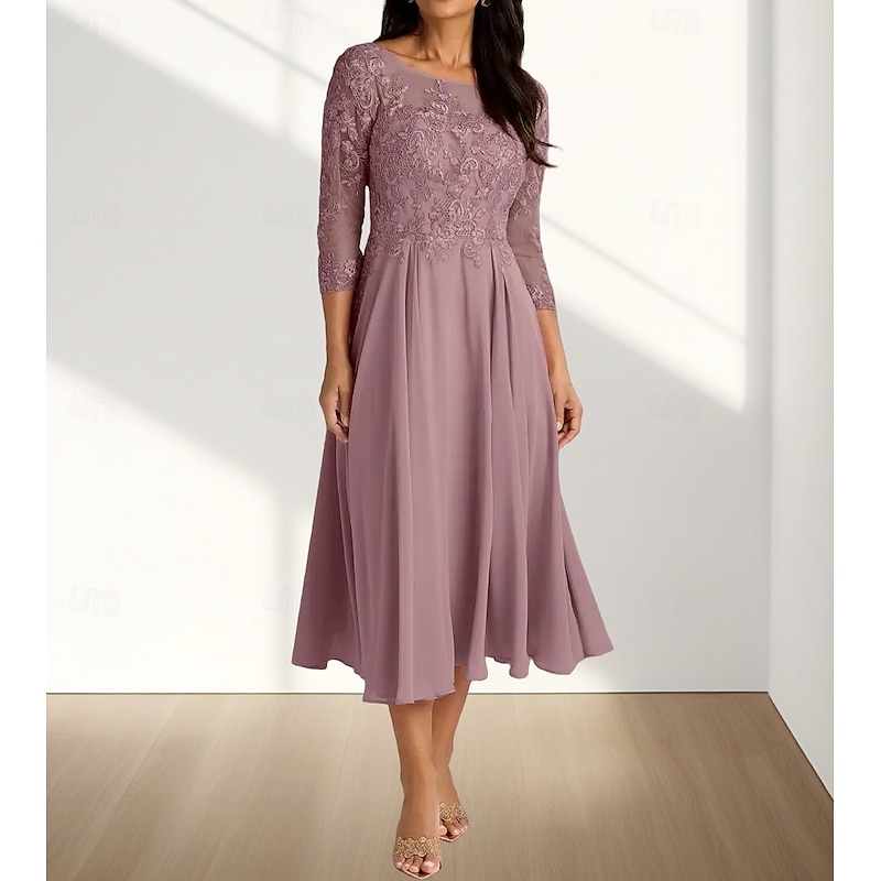 A-Line Mother of the Bride Dress Wedding Guest Elegant Crew Neck Tea Length Chiffon 3/4 Length Sleeve with Pleats Appliques Midi Dress