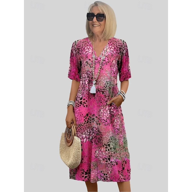 Women's Midi Dress Summer Dress Print Dress Elegant Daily Going out Regular Fit Geometric Multicolor Short Sleeve V Neck Red Blue Purple Khaki Summer