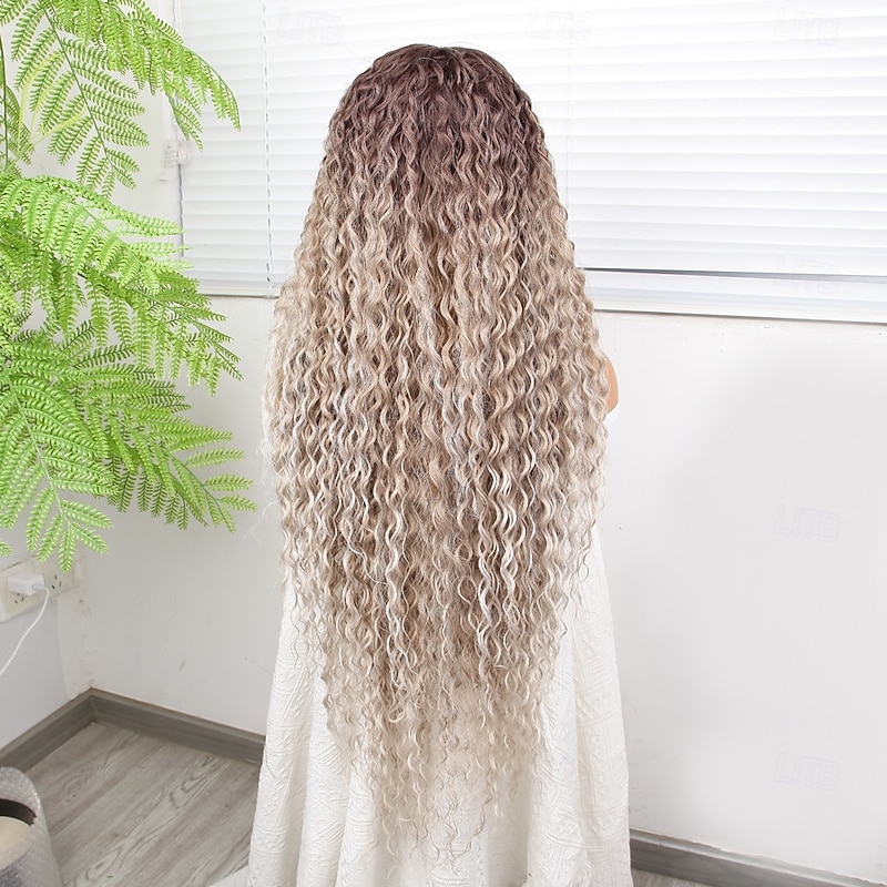 Synthetic Lace Wig Deep Curly Style 32 inch Black Middle Part 13x4x1 T Part Lace Front Wig Women's Wig Light Auburn4