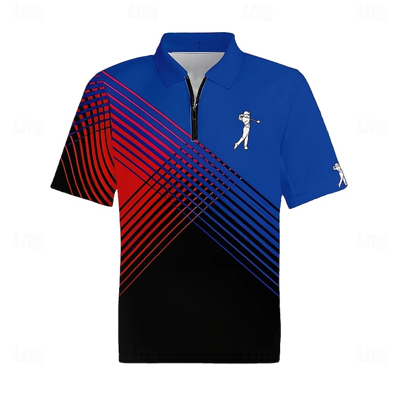 Men's Geometric Golf Zip Polo Short Sleeve Turndown Casual / Sporty Athleisure Casual Daily Zipper 3D Print Summer Violet Robin's Egg Blue3
