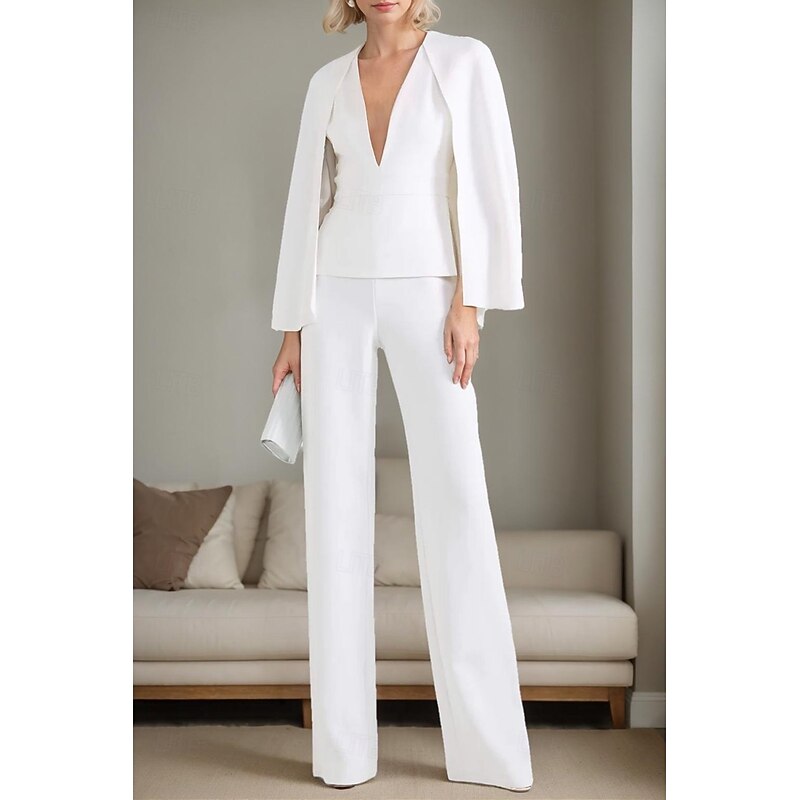 Women's 2 Pieces Suits Formal Wedding Guest Elegant Minimalist Long Sleeve Floor Length V Neck