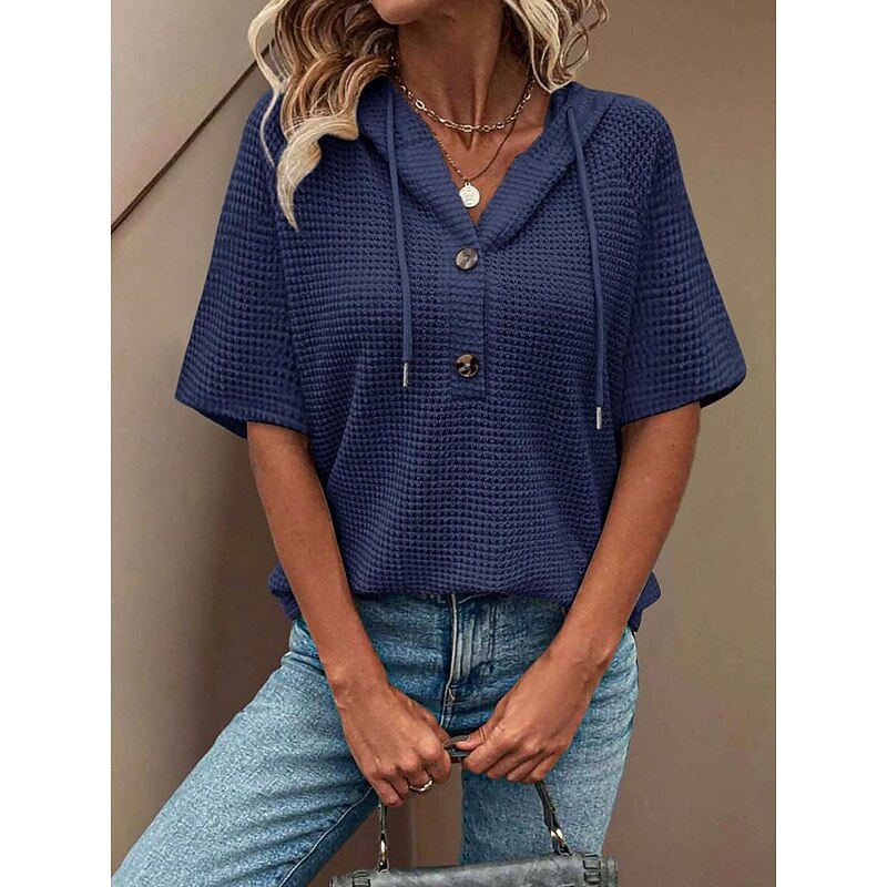 Women's Blouse Plain Basic Modern Short Sleeve V Neck Regular Tops Daily Buttons Black White Pink Red Navy Blue Summer4