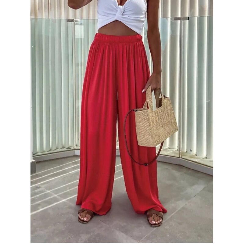 Women's Wide Leg Pants Trousers Streetwear Casual Long High Waist Plain Elastic Drawstring Design High Cut Breathability Soft Micro-elastic Vacation Street Daily Wear Black Light Green Red Navy Blue3