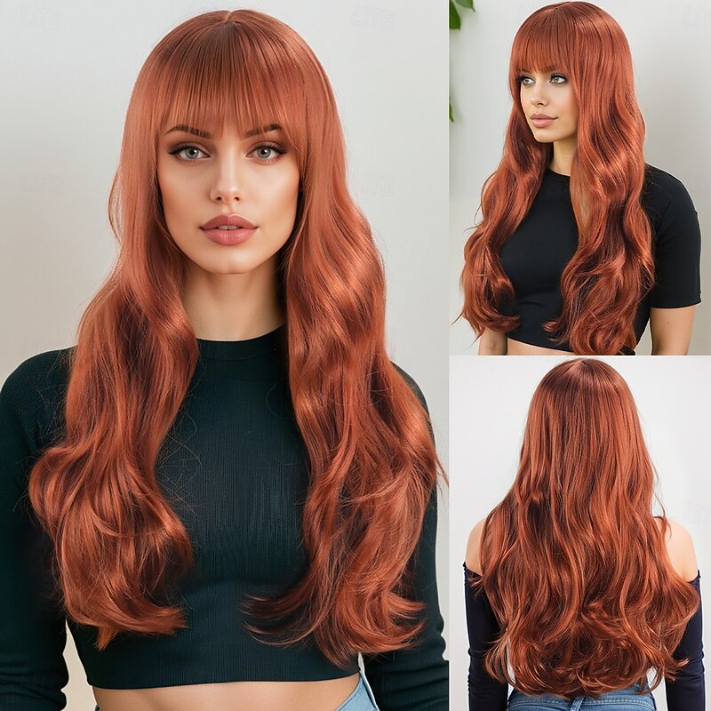 Synthetic Wig Wavy Deep Wave Layered Haircut Neat Bang Machine Made Wig 26 inch A1 Synthetic Hair Women's Classic Comfortable Highlighted / Balayage Hair Light Brown