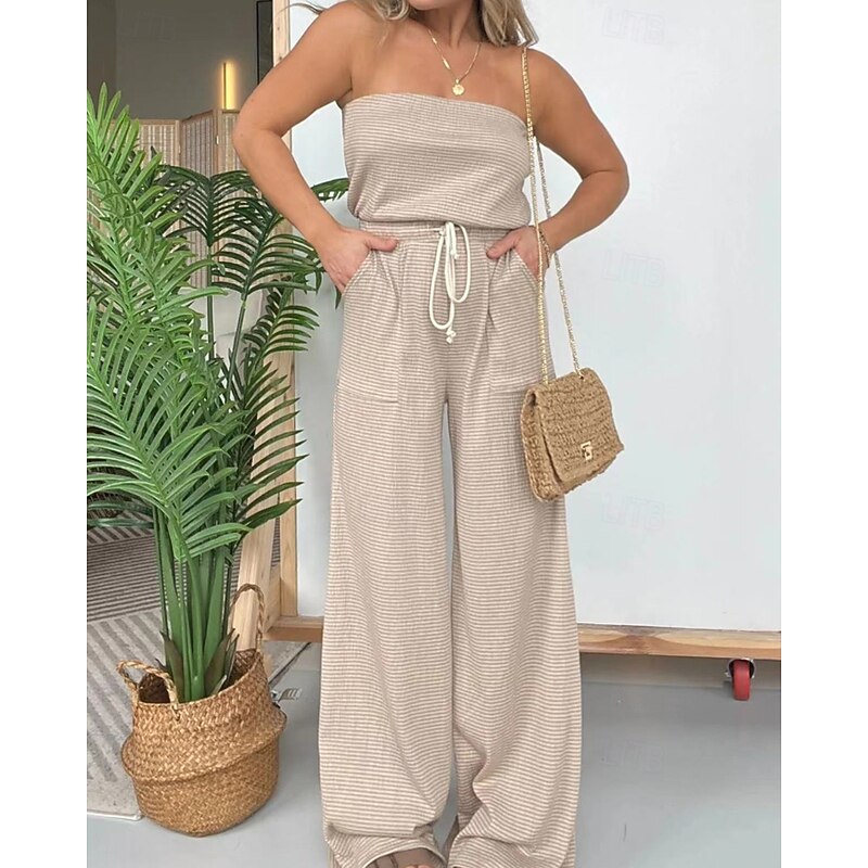 Women's Normal Jumpsuit Streetwear Striped Sleeveless Strapless Pocket Drawstring Street Weekend Regular Fit Light Green Pink Blue Summer2