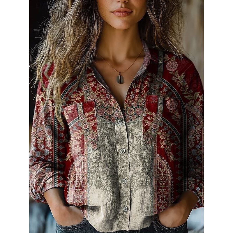 Women's Shirt Floral Paisley Stylish Modern Long Sleeve Shirt Collar Regular Tops Daily Holiday Buttons Pocket Print Maroon Black Yellow Wine Red Summer3