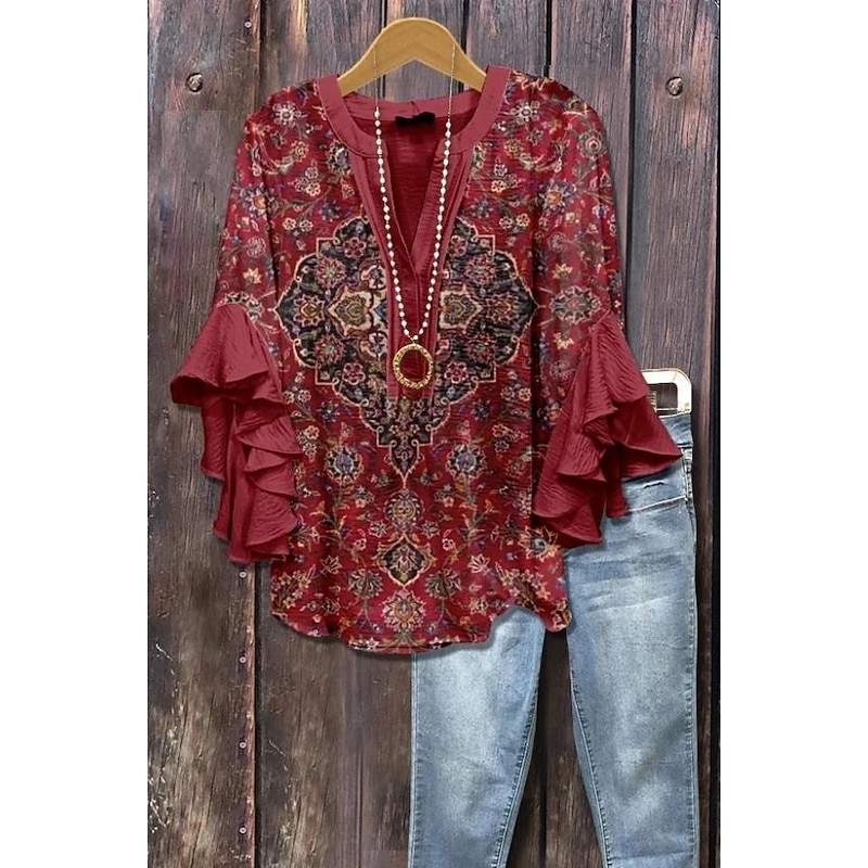 Women's Retro Blouse Layered Ruffle Sleeve Tops Vintage Floral Graphic Bohemia Vintage Daily 3/4 Length Sleeve Regular Tops Daily Holiday Vacation Wear Print Red Blue Beige Summer Spring Fall