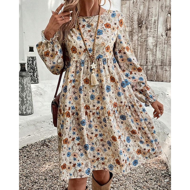 Women's Mini Dress Casual Dress Floral Dress Summer Dress Elegant Fashion Lantern Sleeve Outdoor Holiday Date Regular Fit Flower Sleeveless Crew Neck Apricot Summer Spring