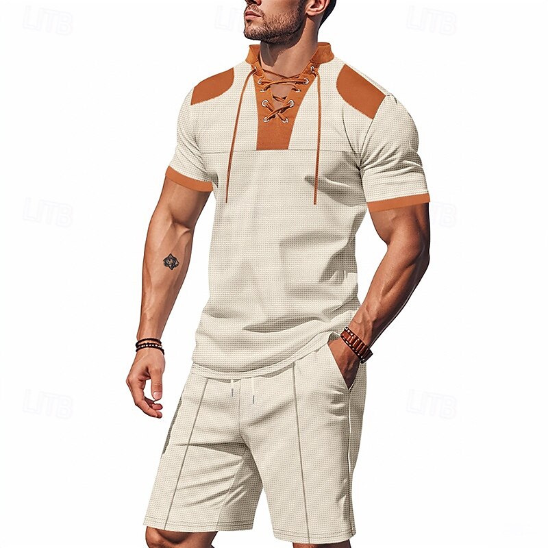 Men's T-shirt Suits 2 Pieces Outfits Tee & Shorts Short Sleeve Standing Collar Summer Color Block Fashion Casual Lace up 2 Piece Vacation Daily Wear Going out Black White Royal Blue Top Tee for Men3