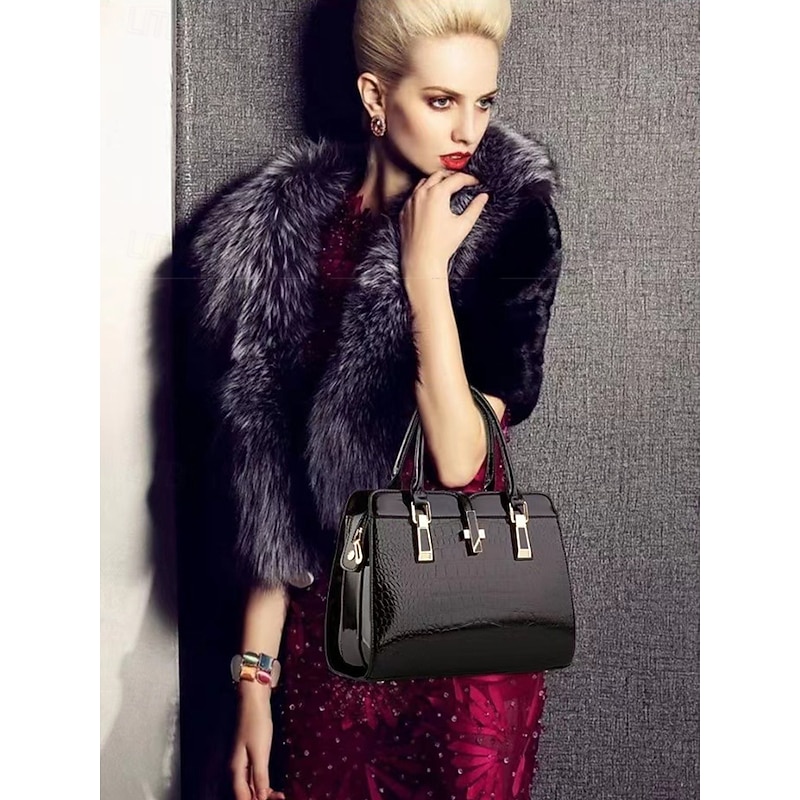 Women's Burgundy Patent Faux Leather Handbag - Croc Embossed Structured Tote Bag with Top Handle and Shoulder Strap, Perfect for Mother's Day Gift, Office, Business and Formal Occasions3