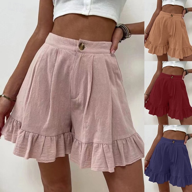 Women's Linen-Inspired Shorts Shorts Slacks Casual Short Natural Plain Buckle Comfy Outdoor Vacation Going out Dark Magenta Wine Light Sky Blue Black Summer Regular Fit