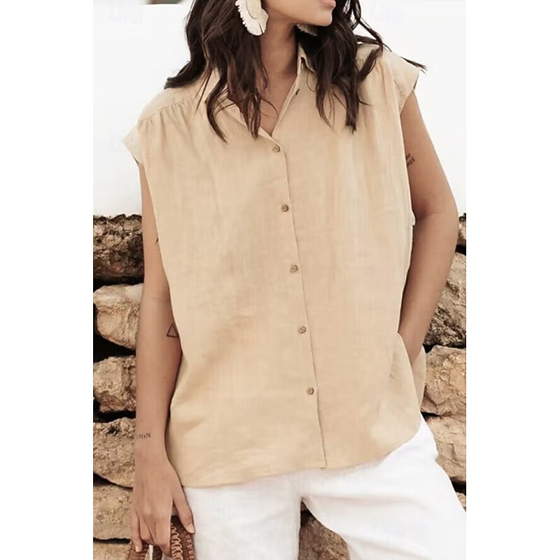 Women's Shirt Cotton Linen Vest Button Up Plain Basic Modern Sleeveless Shirt Collar Regular Tops Daily Going out Buttons Khaki Summer3