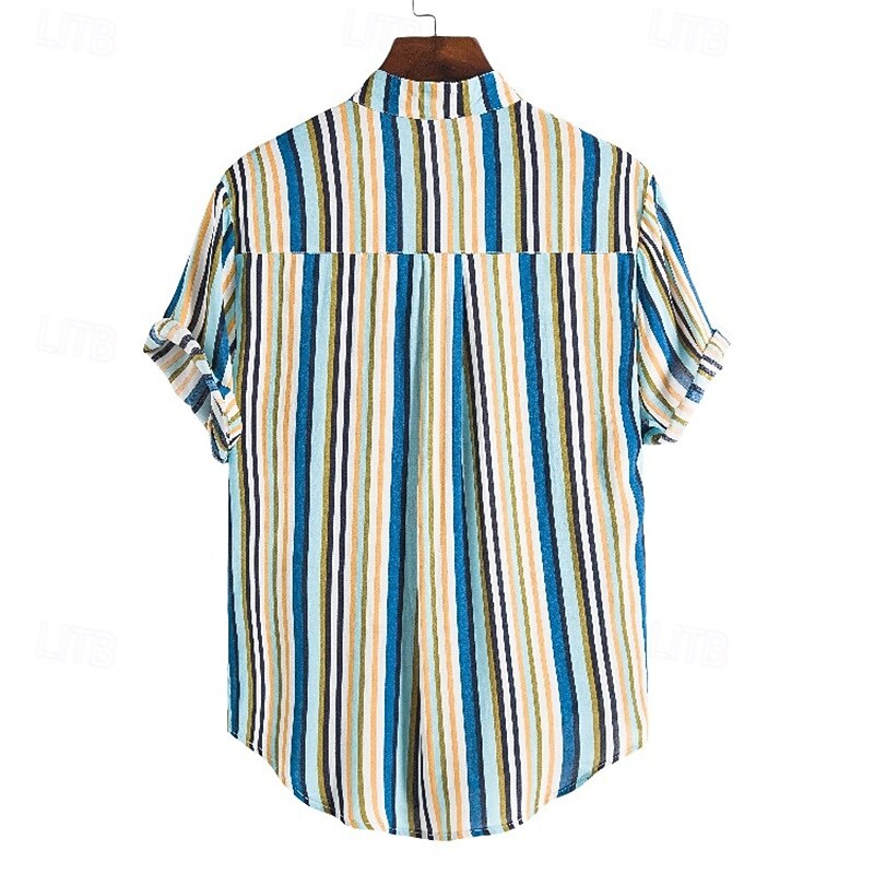 Men's Shirt Popover Shirt Summer Shirt Casual Shirt Beach Shirt Light Yellow Yellow Red Blue Dark Blue Short Sleeve Stripes Band Collar Vacation Hawaiian Pocket Clothing Apparel Cotton Blend Fashion4