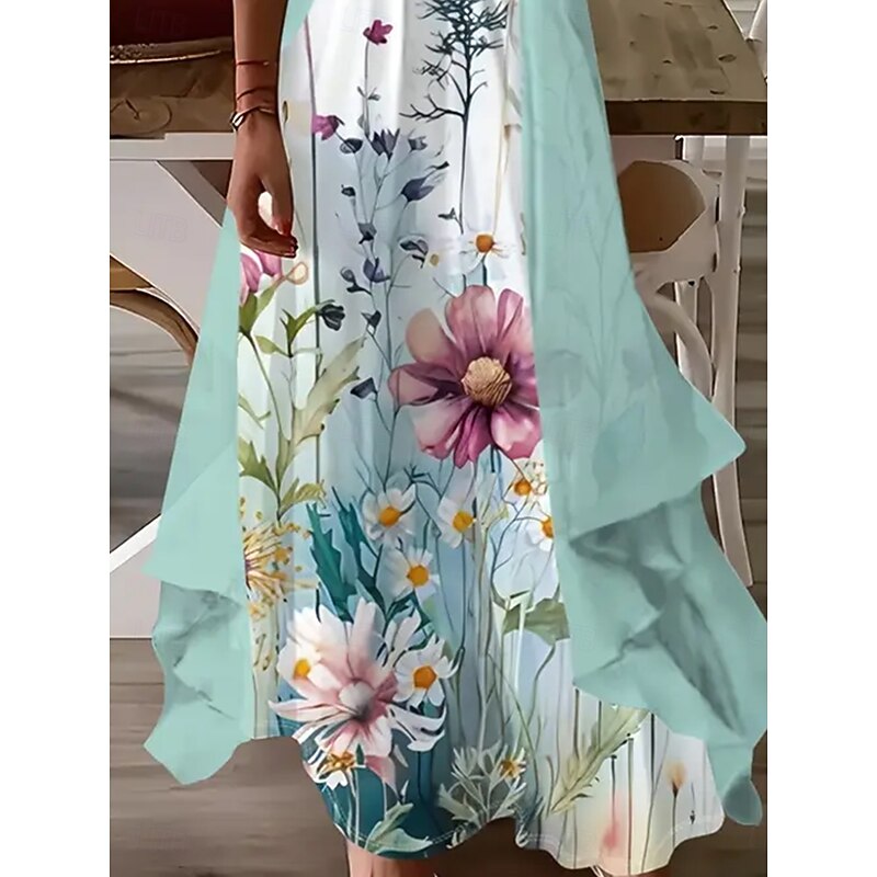 Women's Dress Set Maxi Dress A Line Dress Summer Dress Vacation Boho Ombre Floral Print 3/4 Length Sleeve Crew Neck Outdoor Daily Light Green Summer Spring Loose Fit3