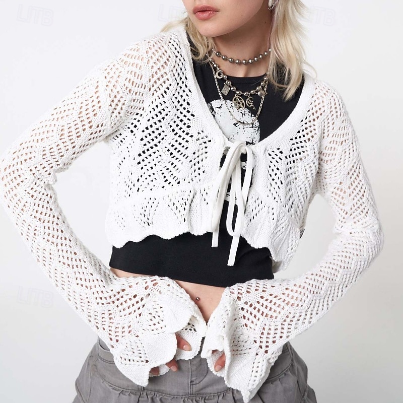 Women's Shirt Blouse Plain Modern Casual Long Sleeve V Neck Crop Tops Daily Going out Cut Out Black White Summer