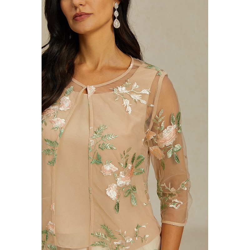 Women's Chiffon Tops Floral Elegant Stylish Basic 3/4 Length Sleeve Crew Neck Regular Tops Lace Embroidered Apricot Summer3