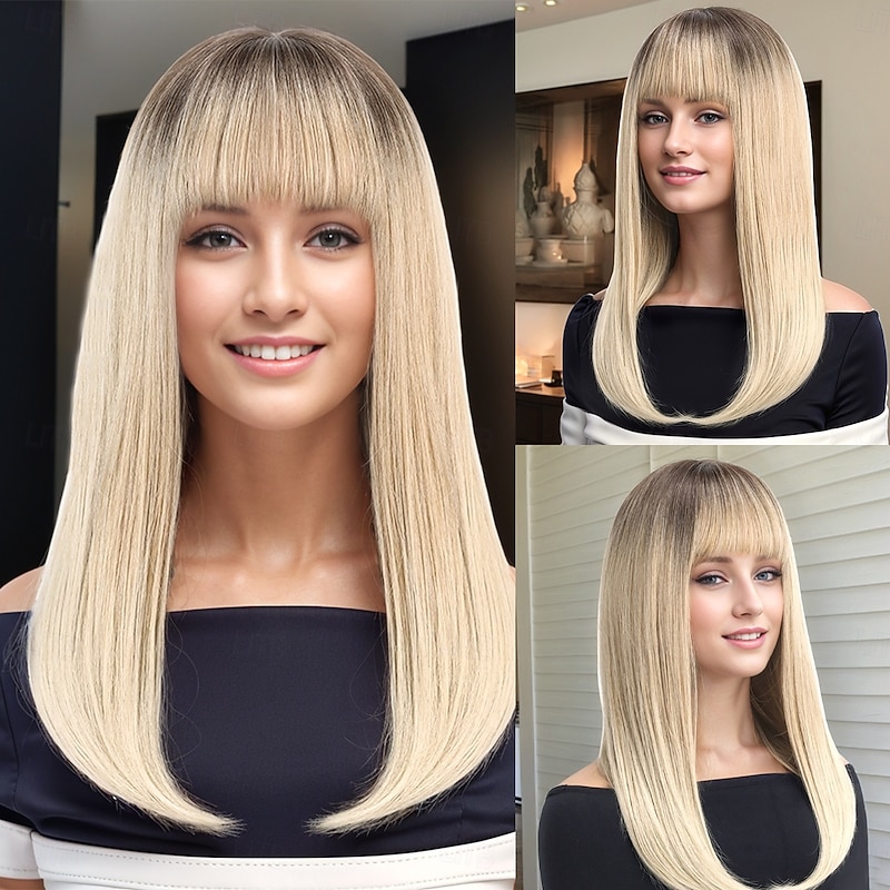 Synthetic Wig kinky Straight Natural Straight Middle Part Layered Haircut Machine Made Wig 20 inch A1 Synthetic Hair Women's Soft Classic Comfortable Blonde