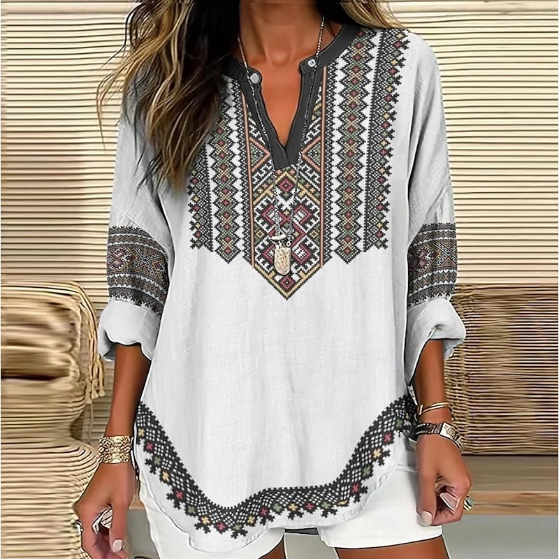 Women's Blouse Tunic V Neck Long Sleeve Boho Casual Tops Floral Graphic Bohemia Vintage Tropical Regular Tops Daily Vacation Wear Print White Khaki