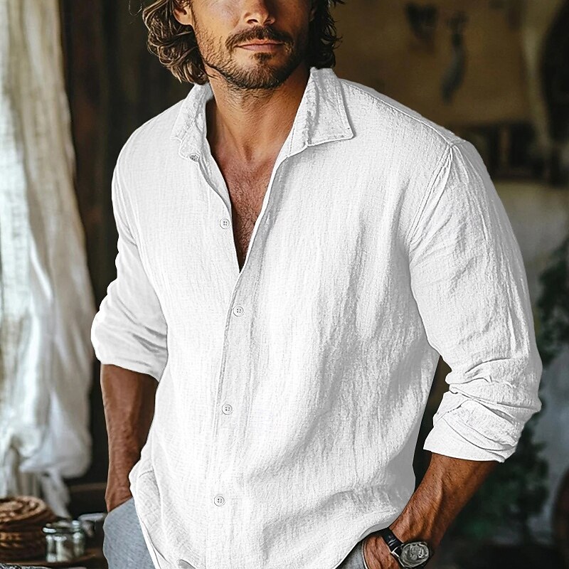 Men's Shirt Linen Shirt Summer Shirt Beach Wear Casual Shirt Button Up Shirt Plain Vacation Home White Pink Navy Blue Sky Blue Long Sleeve Lapel Spring & Summer Clothing Apparel3