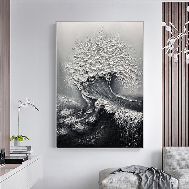 Handmade Oil Painting Canvas Wall Art Decoration 3D Palette Knife Black and White Ocean Wave Abstract Landscape for Home Decor Stretched Frame Hanging Painting/Rolled Frameless Unstretched Painting3