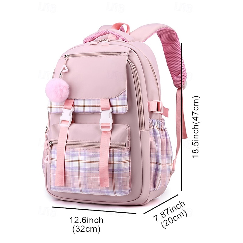 Girls' Large Capacity Plaid Backpack with Pom Pom Charm – Waterproof Nylon School Bag for Teens, Travel and College Use Black Pink Blue3