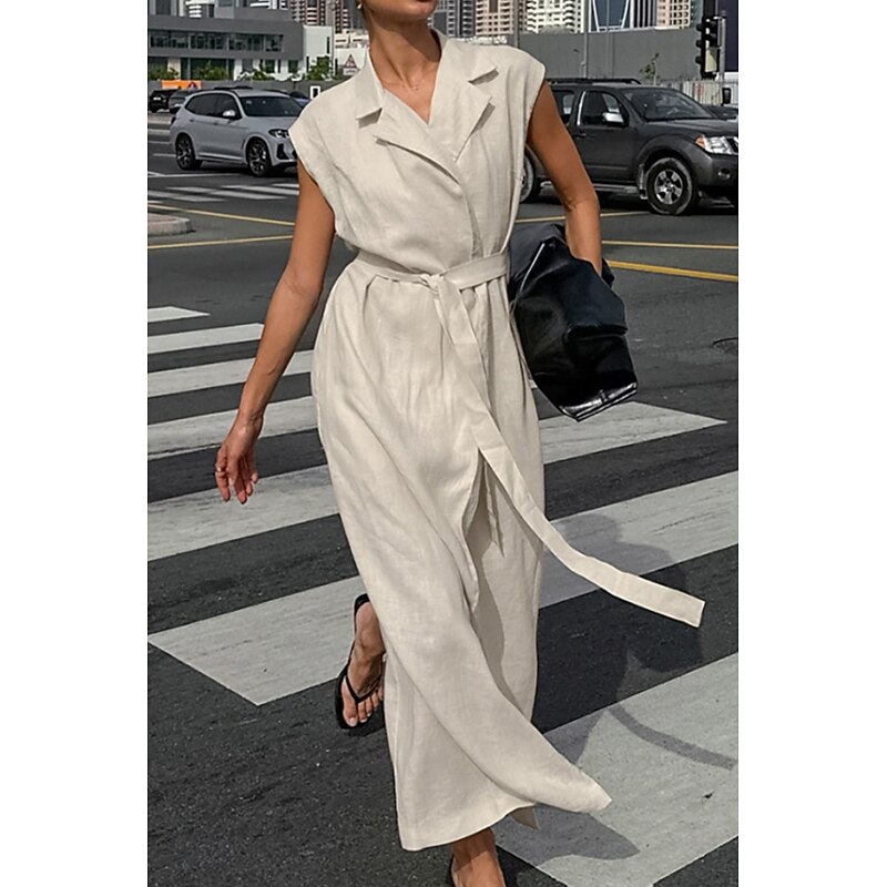 Women's Midi Dress Shirt Dress Cotton Linen Dress Modern Daily Going out Weekend Regular Fit Plain Sleeveless Shirt Collar Khaki Summer2
