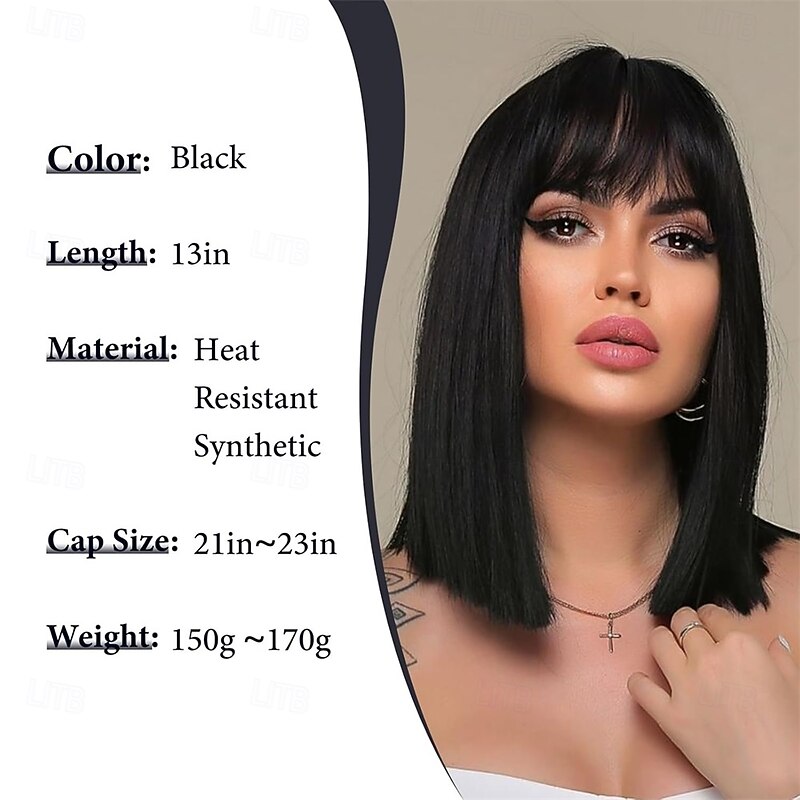 Black Bob Wig with Bangs Short Black Straight Wig for Women Natural Looking Heat Resistant Synthetic Wig for Grils Daily Party Halloween Cosplay Use 13inch2