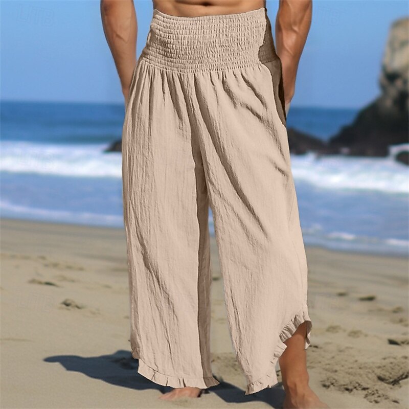 Men's Linen Pants Trousers Summer Pants Baggy Pants Beach Pants Ruffle Elastic Waist Straight Leg Plain Comfort Breathable Full Length Daily Holiday Beach Vacation Fashion White Orange2