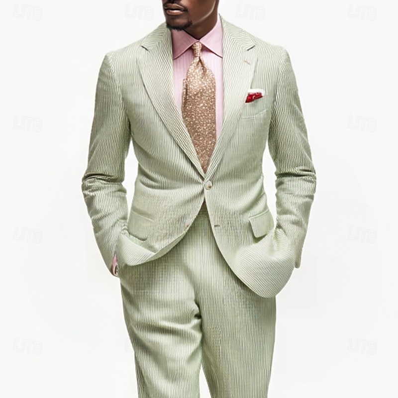 Men's Seersucker Suits Casual Summer Wedding Suits Sage Formal Striped Standard Fit 2 Piece Single Breasted Two-buttons3