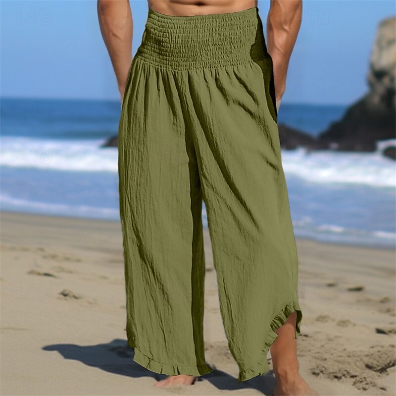 Men's Linen Pants Trousers Summer Pants Baggy Pants Beach Pants Ruffle Elastic Waist Straight Leg Plain Comfort Breathable Full Length Daily Holiday Beach Vacation Fashion White Orange3