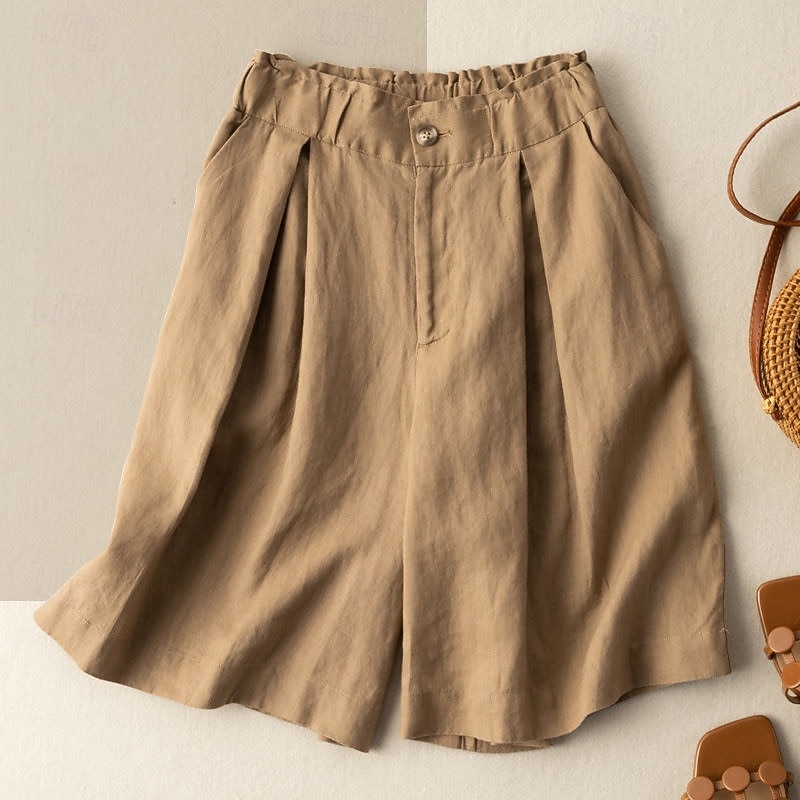 Women's Cotton Linen Shorts Shorts Slacks Streetwear Casual Knee Length Natural Plain Pocket Elastic Waist Outdoor Comfortable Outdoor Vacation Apricot Green Khaki Summer Regular Fit