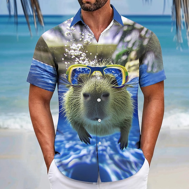 Men's Ocean Funny Capybara Shirt Summer Hawaiian Shirt Button Up Shirt Short Sleeve Hawaiian Resort Vacation Holiday Beach Wear Summer Spring Turndown 3D Print Collared Shirts Blue Green2