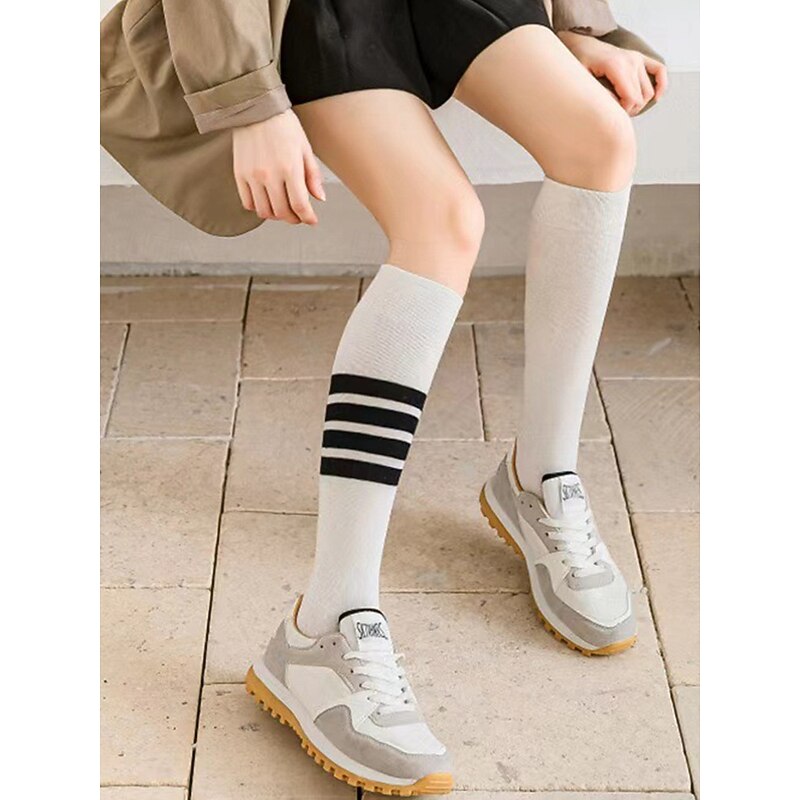 Women's Knee-High Asymmetrical Striped Socks - Sports Cotton Over-Calf School Uniform Socks for Students, Graduation, Cheerleading and Everyday Wear4