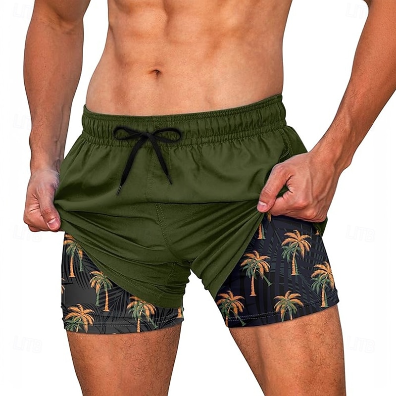 Men's Coconut Tree Palm Leaf Lined Shorts 2 in 1 Board Shorts Swim Shorts Mid Waist Hawaiian Vacation Beach Wear Side Pockets With Compression Liner Elastic Drawstring Waist Designer Clothing Apparel4