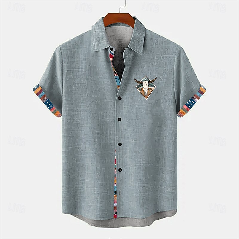 Men's Ethnic Linen Shirt Summer Hawaiian Shirt Button Up Shirt Short Sleeve Hawaiian Resort Vacation Holiday Beach Wear Summer Spring Turndown 3D Print Collared Shirts Blue Green Khaki4