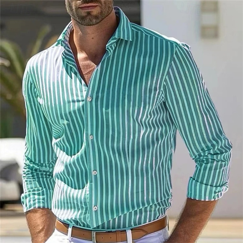 Men's Shirt Summer Shirt Casual Shirt Beach Shirt Button Up Shirt Light Pink Yellow Light Green Red Green Long Sleeve Stripes and Plaid Lapel Vacation Hawaiian Clothing Apparel Polyester Fashion2