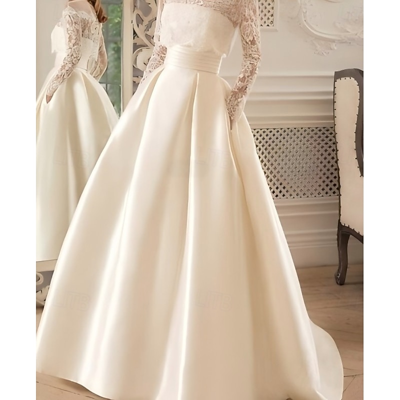 Engagement Vintage 1940s / 1950s Formal Wedding Dresses A-Line Illusion Neck Long Sleeve Floor Length Satin Bridal Gowns With Pleats Beading3