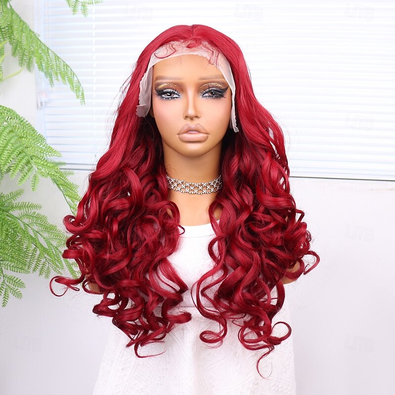 Synthetic Lace Wig Body Wave Style 22 inch Red Middle Part 13x4 Lace Front Wig Women's Wig Red / Brown3