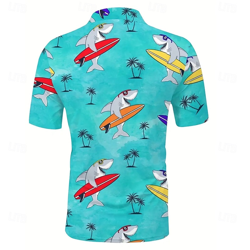 Men's Dolphin Palm Tree Polo Short Sleeve Polo Shirts Collared Shirts Resort School Outdoor Daily Wear 3D Print Summer Blue2