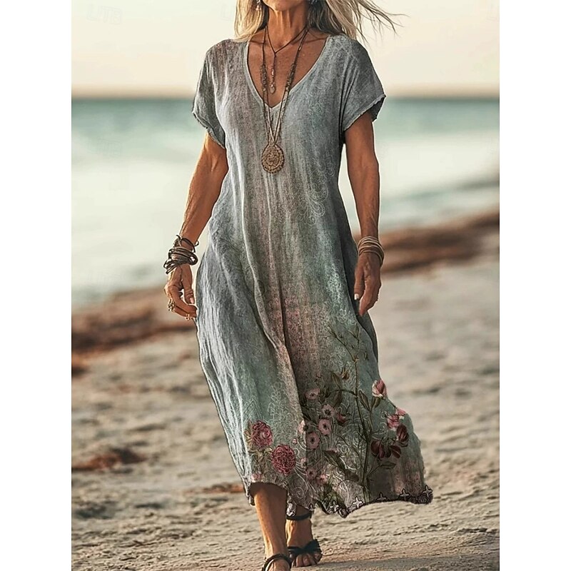 Women's Long Dress Maxi Dress Casual Dress Summer Dress Boho Dress African Vacation Daily Weekend Regular Fit Floral Short Sleeve V Neck Light Green Purple Green Apricot Summer3