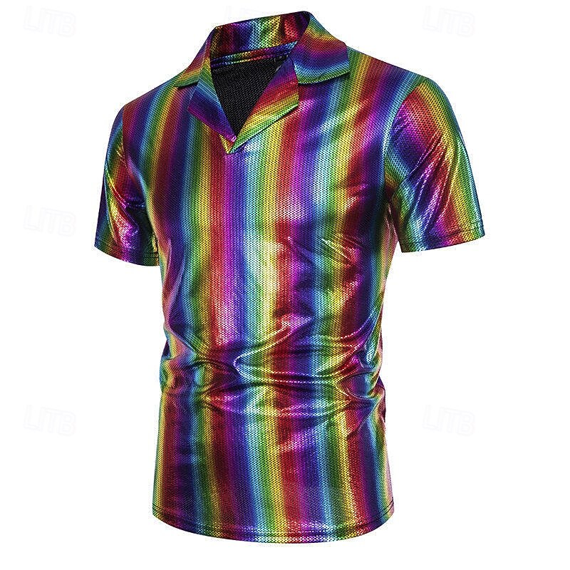Retro Vintage 1980s T-shirt Polo Shirt Disco Shiny Latex Patent Metallic Rainbow Fancy Dress Men's Halloween Carnival Pride Parade Pride Month Adults T-shirt Summer2