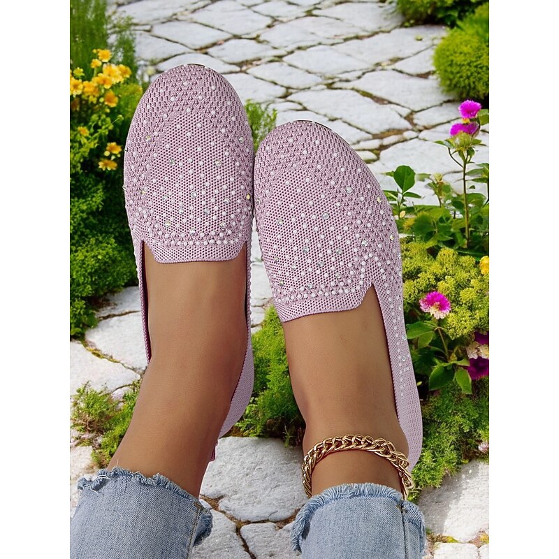 Women's Sparkly Flyknit Flats with Rhinestones – Stylish Slip-On Shoes for Casual Wear & Spring Outings